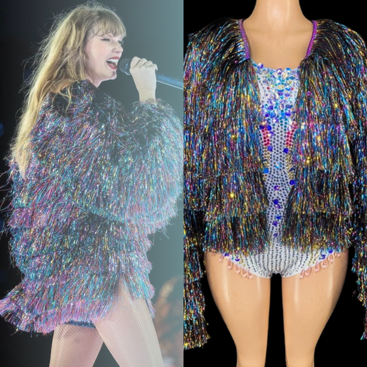 Jacket with colorful fringe inspired by Taylor Swift, perfect for party wear.
