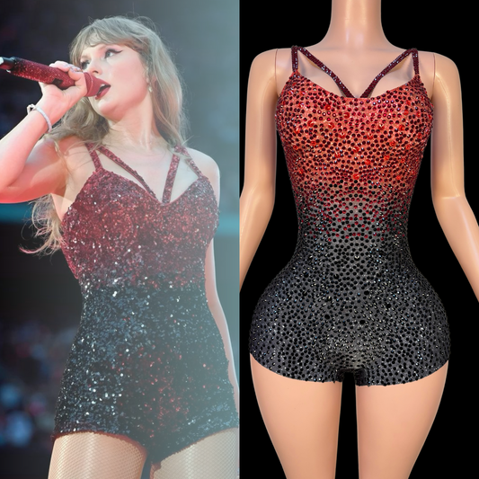 Party Romper: Black Rose inspired by Taylor Swift, black and red design, mannequin display.