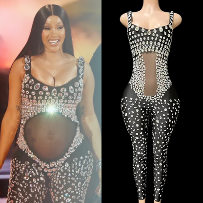 Party Jumpsuit: Gleam Goddess inspired by Cardi B, elegant black design with shimmering embellishments.