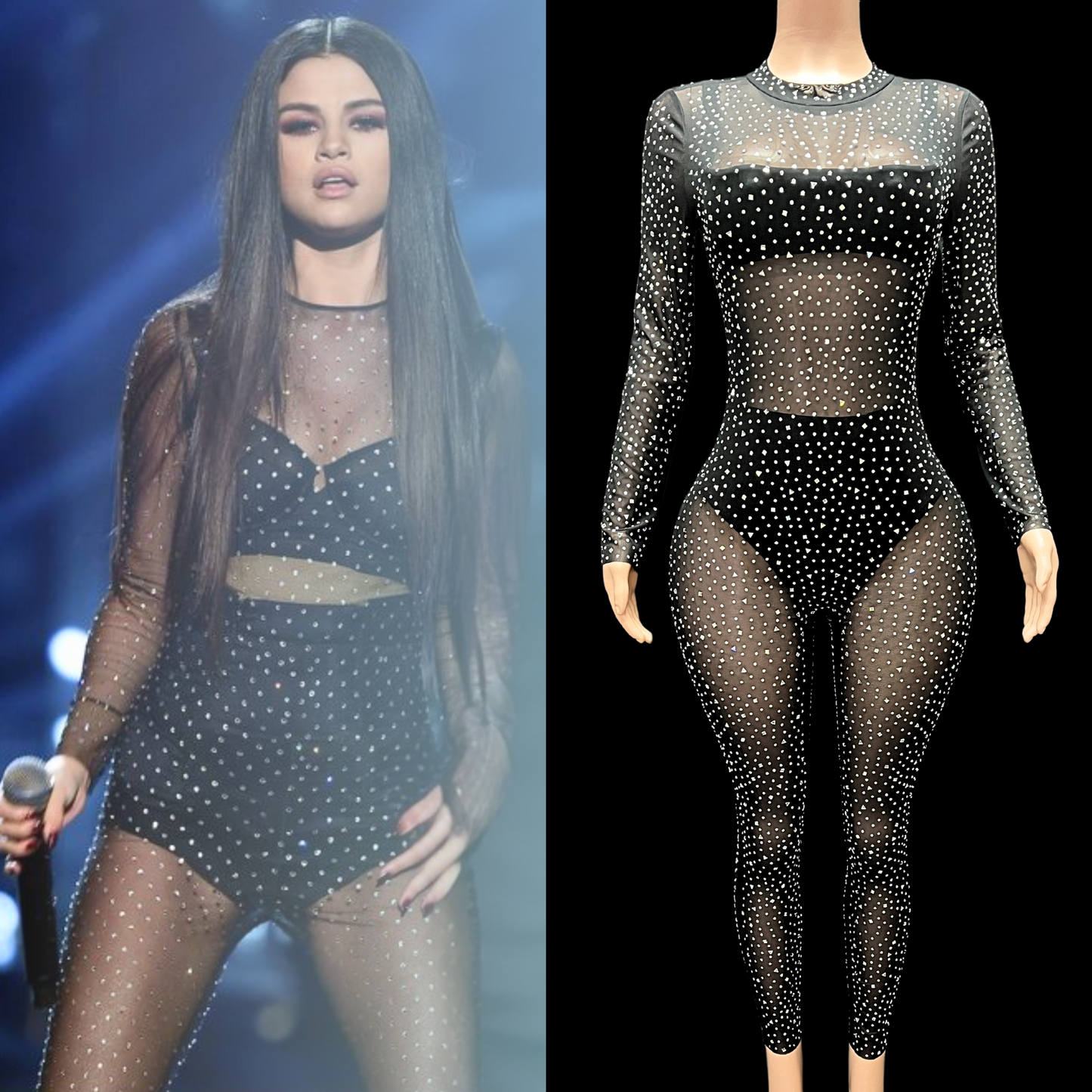 Sparkly black party jumpsuit inspired by celebrity style, featuring sheer fabric with polka dots.