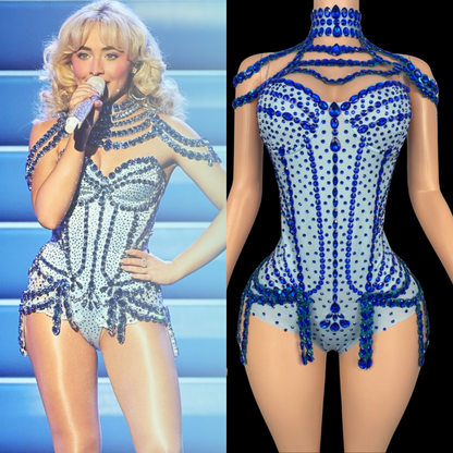 Party Romper: Stage Siren inspired by Sabrina Carpenter, blue embellished design.