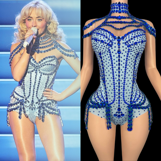 Party Romper: Stage Siren inspired by Sabrina Carpenter, blue embellished design.