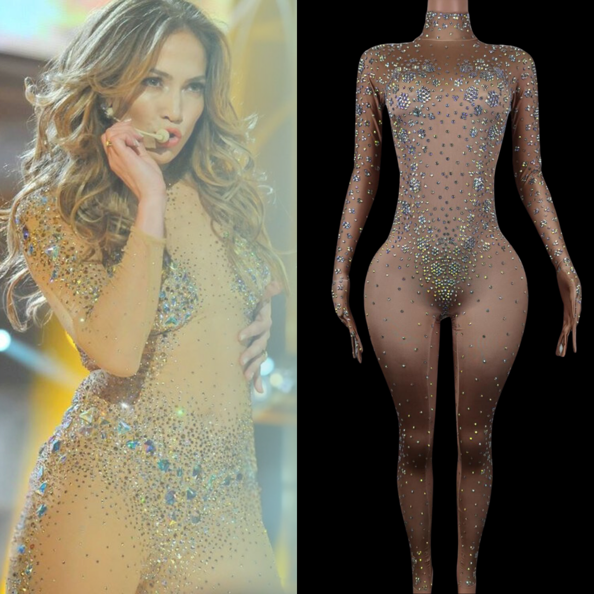 Party jumpsuit inspired by Jennifer Lopez with crystal embellishments.