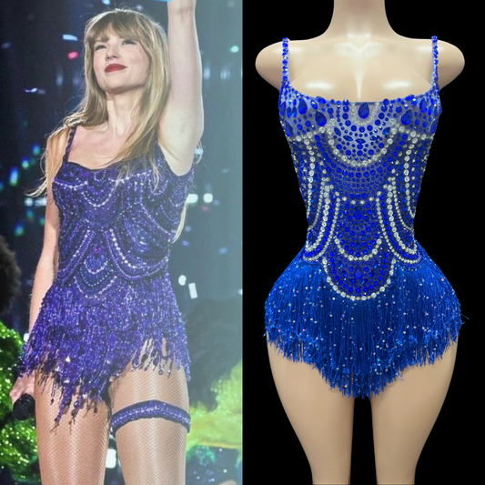 Party Romper: Velvet Night inspired by Taylor Swift, blue sequin design with fringe detailing.