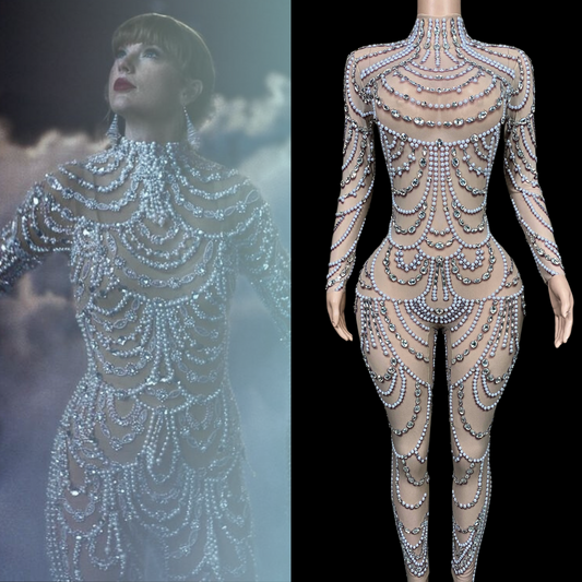 Party jumpsuit inspired by Taylor Swift with intricate beading and sheer fabric.