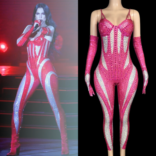 Party Jumpsuit: Fierce Fire in vibrant red, inspired by Dua Lipa performance style.