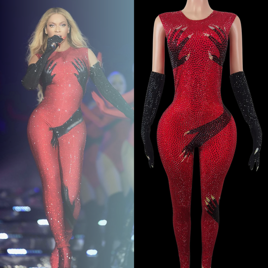 Red flame party jumpsuit inspired by Beyoncé, featuring sparkling details and black glove design.