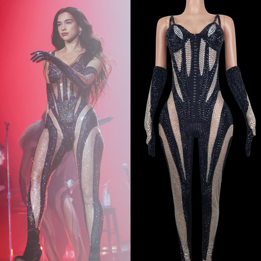 Party Jumpsuit Noir Allure inspired by Dua Lipa with sparkling design and elegant fit.