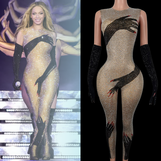 Party Jumpsuit inspired by Beyoncé, shimmering design with black accents and matching gloves.