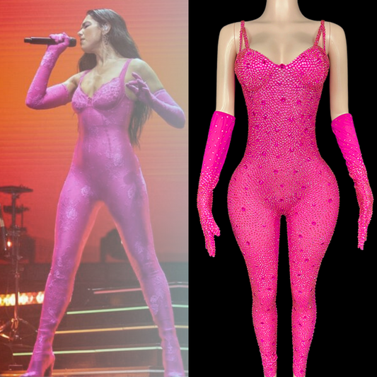 Fuchsia party jumpsuit inspired by Dua Lipa, dazzling design on mannequin.