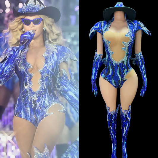 Party Costume Set: Electric Diva inspired outfit with dazzling blue design, mimicking iconic Beyoncé style.