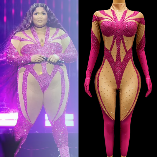 Magenta party jumpsuit inspired by Lizzo with sparkling details, long sleeves, and form-fitting design.