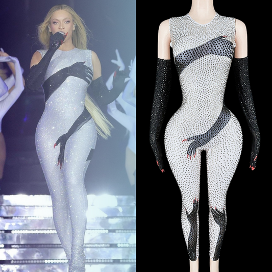 Silver Spell party jumpsuit inspired by Beyoncé with sparkling details and elegant design.