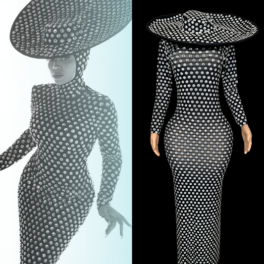Party costume set with intricate pattern, inspired by iconic fashion style.