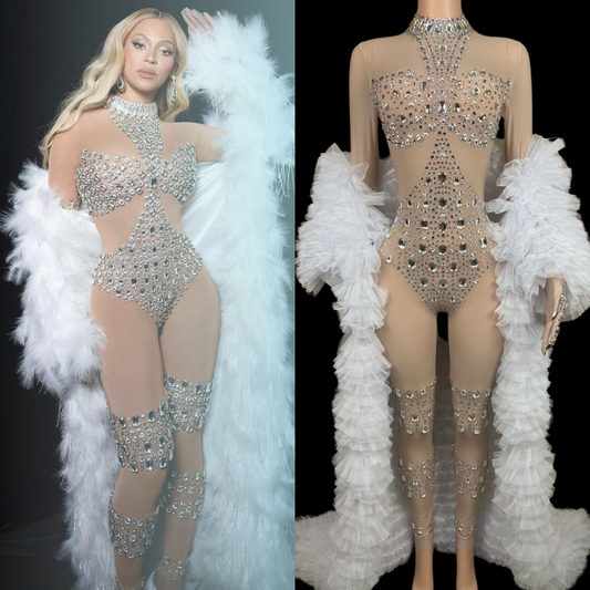 Feathered glam party jumpsuit with jewel embellishments, inspired by Beyoncé.
