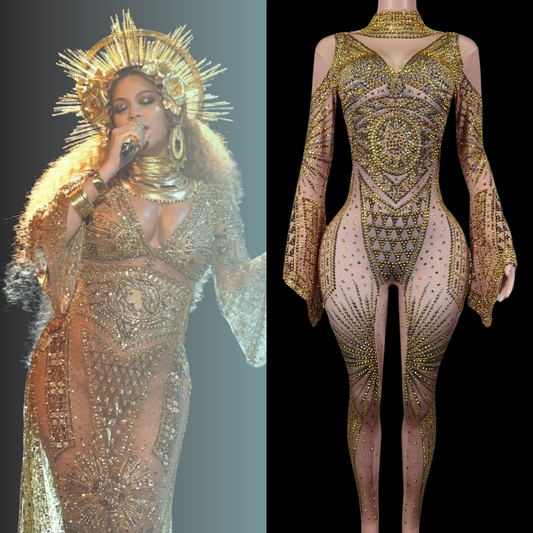 Party Jumpsuit Vanessa inspired by Beyoncé with gold embellishments and intricate design.