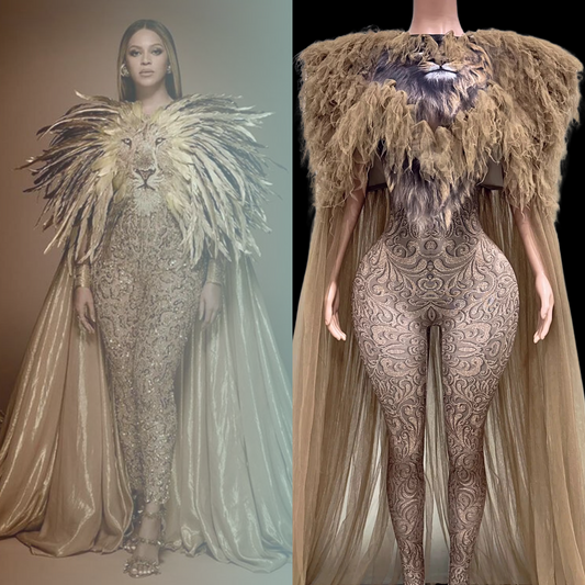 Party Jumpsuit inspired by Beyoncé, featuring intricately detailed design and feathered cape, suitable for special occasions.