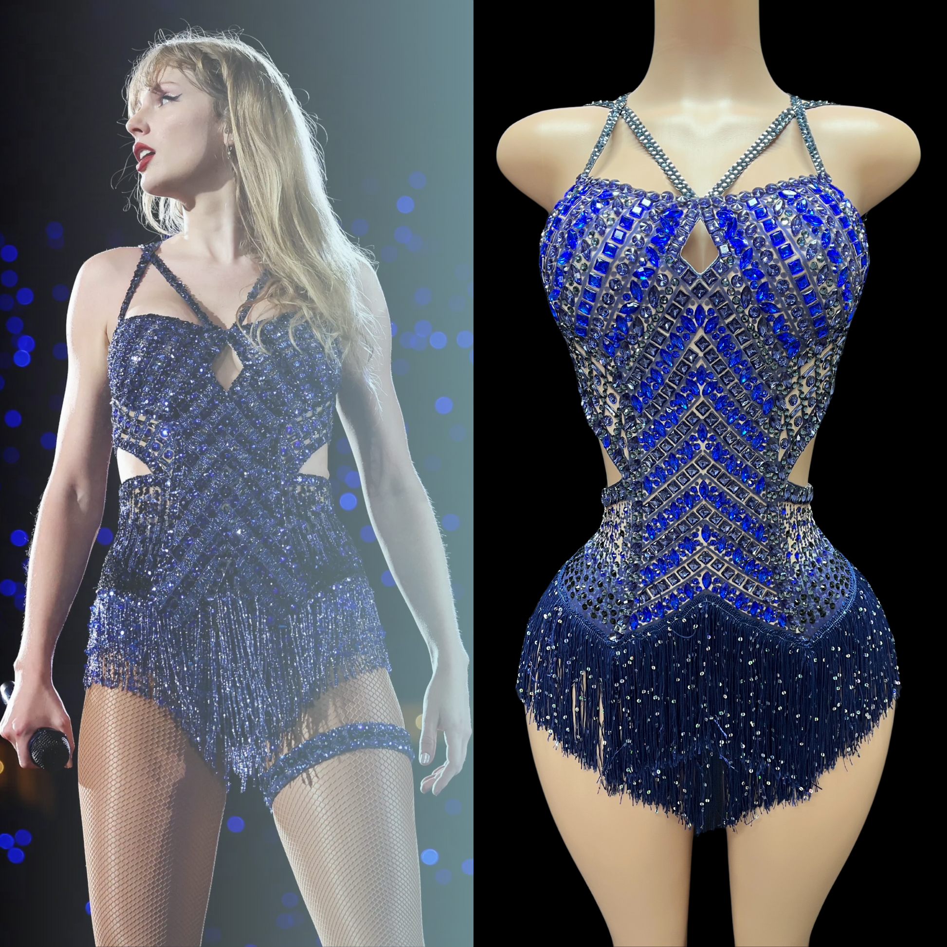 Blue sequined party romper inspired by Taylor Swift, with intricate detailing and fringe accents.