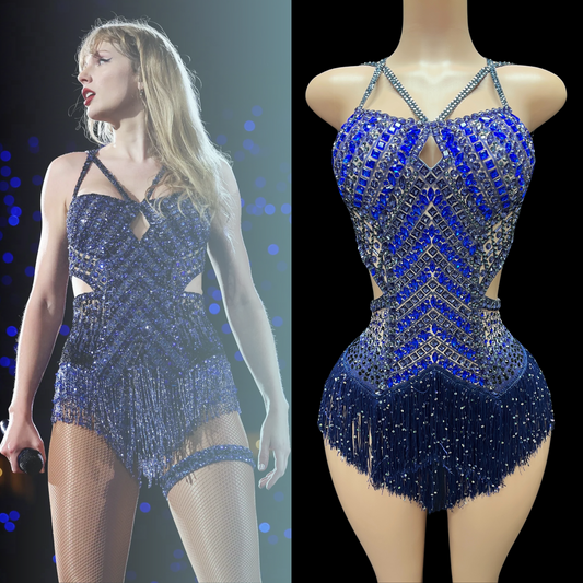 Blue sequined party romper inspired by Taylor Swift, with intricate detailing and fringe accents.