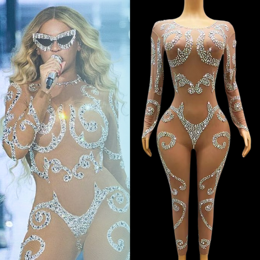 Party jumpsuit inspired by Beyoncé with crystal embellishments on a mannequin.