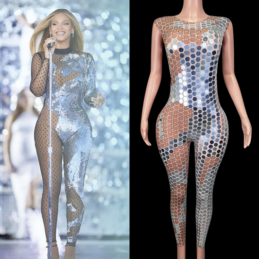Metallic party jumpsuit inspired by Beyoncé on mannequin.