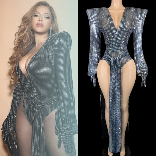 Midnight glimmer party romper inspired by Beyoncé on mannequin.