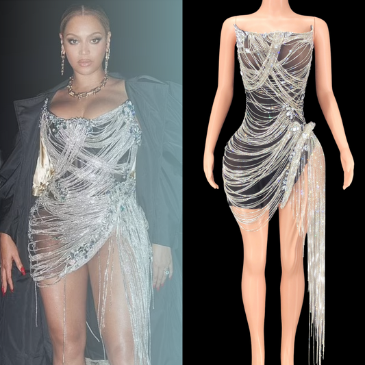 Elegant mini dress with fringe detailing inspired by Beyoncé.