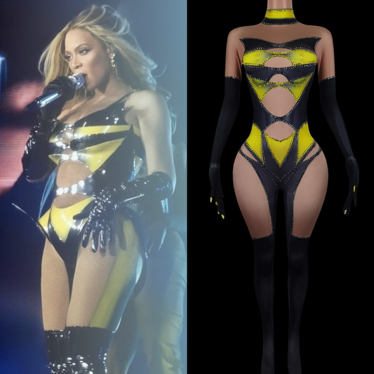 Party jumpsuit inspired by Beyoncé, black and yellow design with cut-out details.