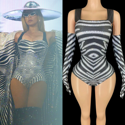 Party Romper: Zebra Chic inspired by Beyoncé, black and white striped design, mannequin display.