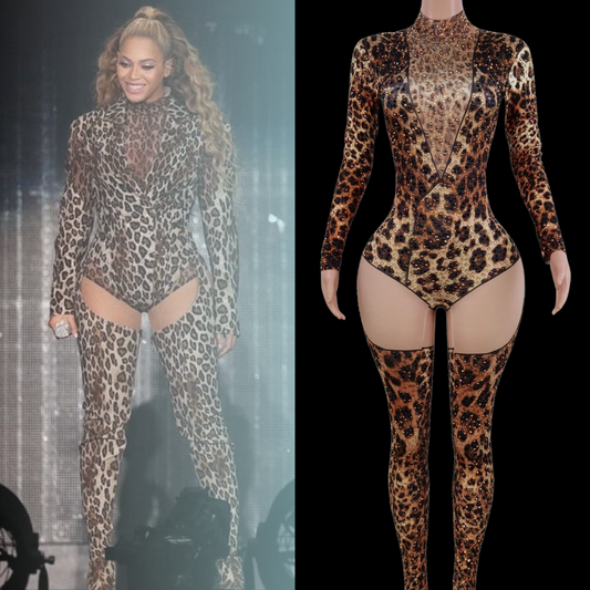 Party Jumpsuit: Nocturne inspired by Beyoncé featuring leopard print design.