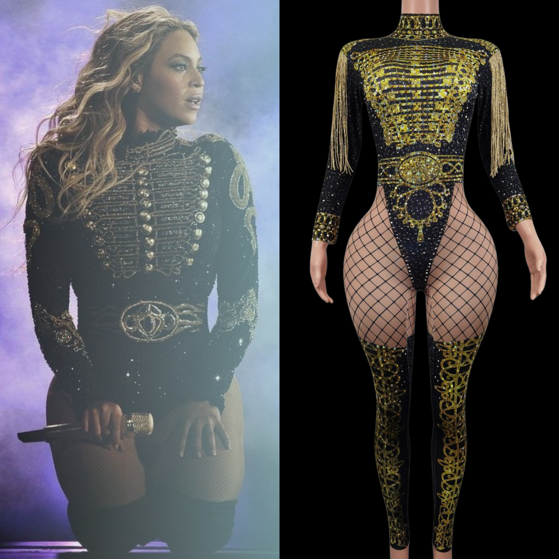Party Jumpsuit: Moonlight inspired by Beyoncé with intricate gold detailing on a mannequin.