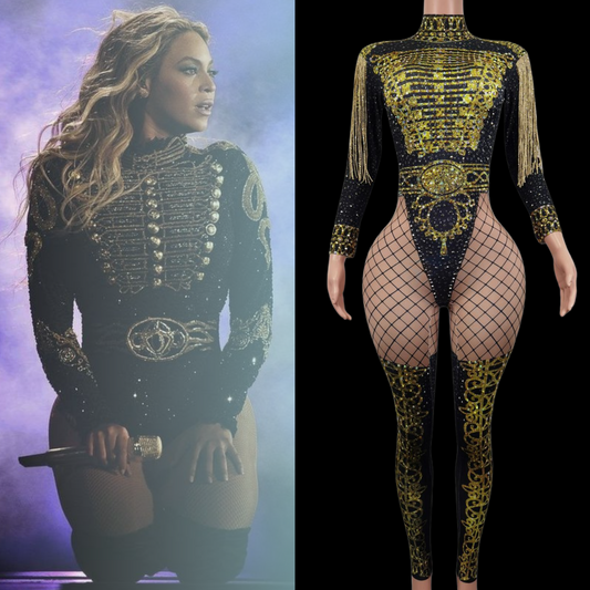 Party Jumpsuit: Moonlight inspired by Beyoncé with intricate gold detailing on a mannequin.