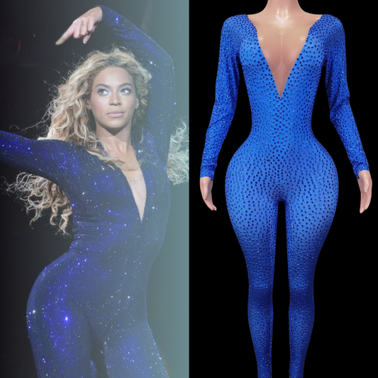 Blue sequined party jumpsuit inspired by Beyoncé with deep neckline and long sleeves.