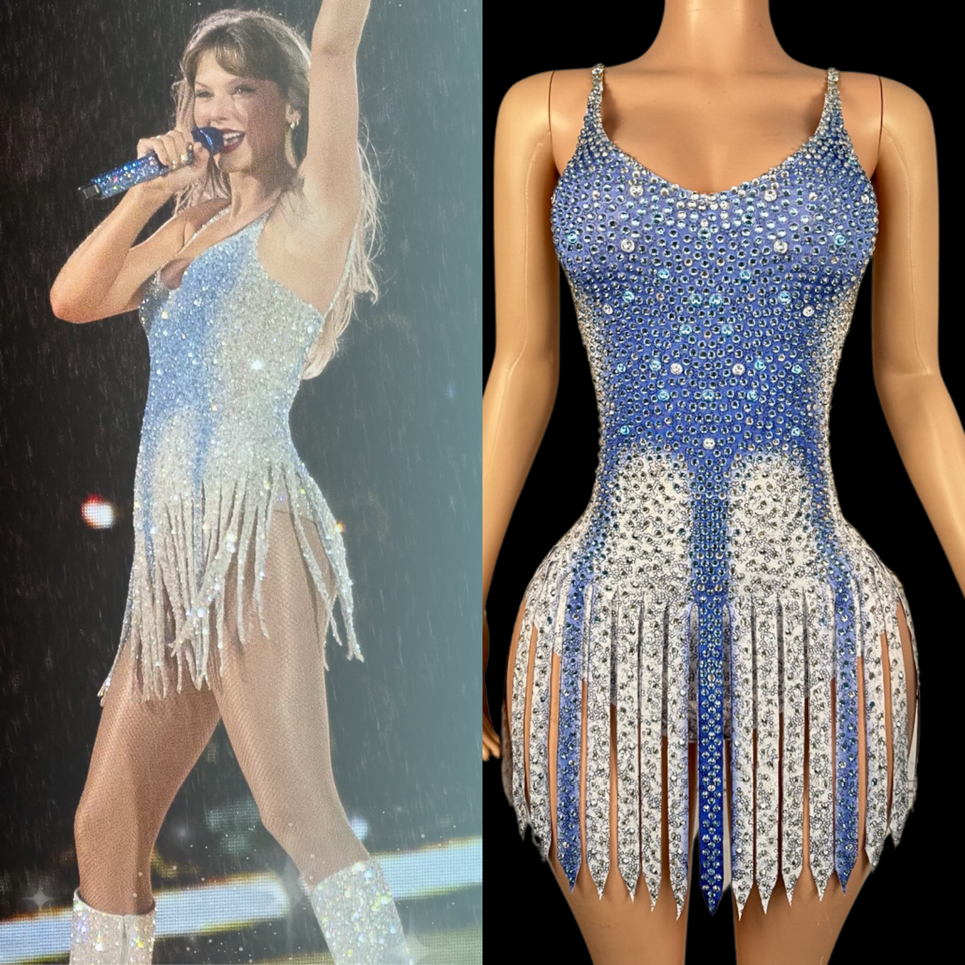 Silver Symphony party romper inspired by Taylor Swift, featuring fringe details and rhinestone embellishments.