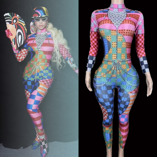 Party Jumpsuit: Candy Couture inspired by Beyoncé with colorful geometric design.