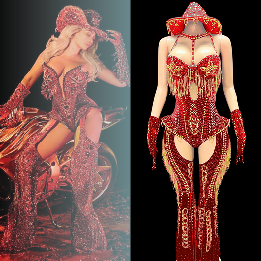 Red rodeo doll party costume set inspired by Beyoncé, displayed on a mannequin with intricate detailing and matching accessories.