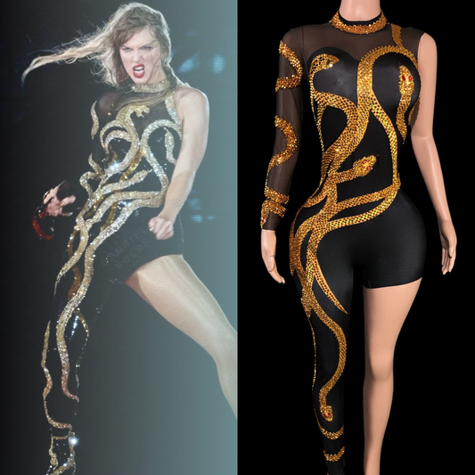 Party Jumpsuit Mystic Flame inspired by Taylor Swift with gold and black design.