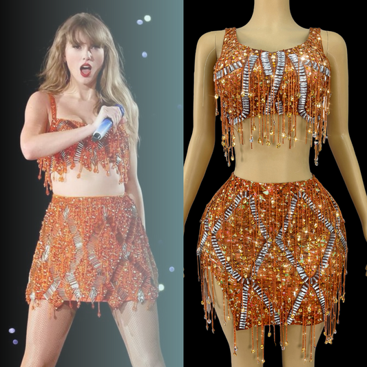 Amber Allure Co-Ord Set, inspired by Taylor Swift, orange sequin outfit on mannequin.