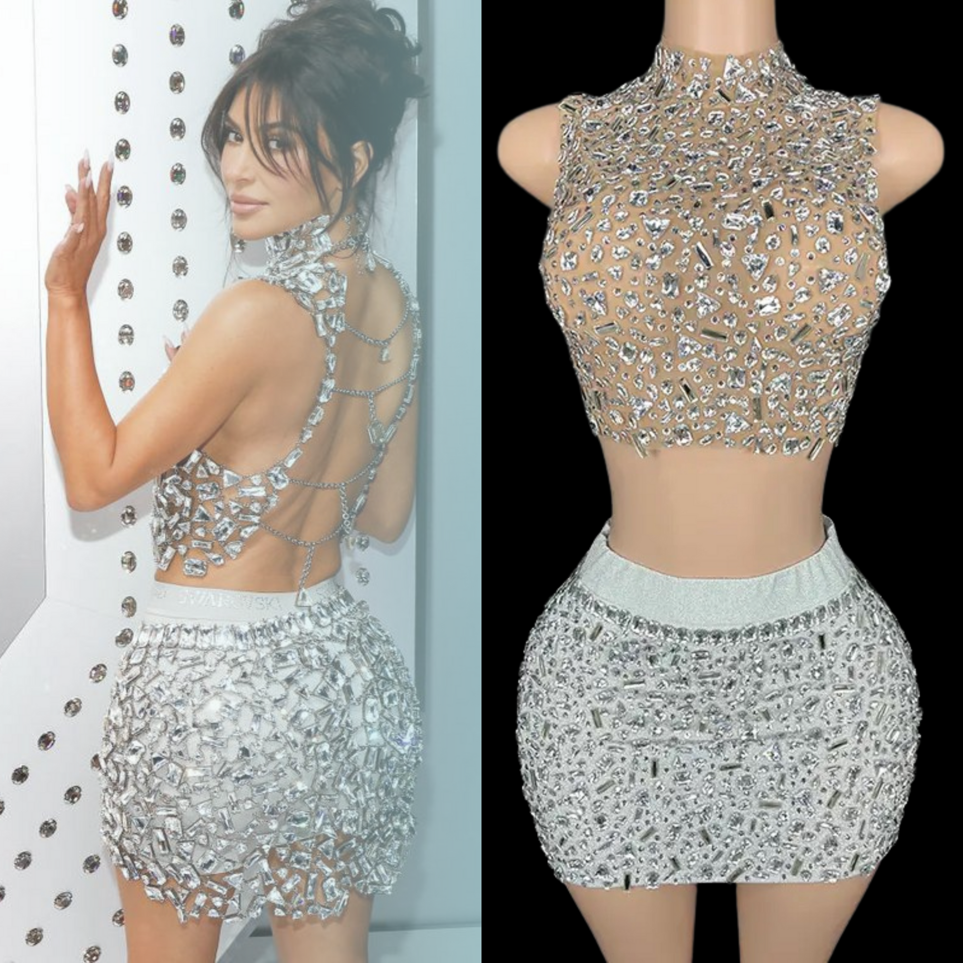 Co-Ord Set with crystal embellishments inspired by Kim Kardashian, featuring a sleeveless crop top and mini skirt.