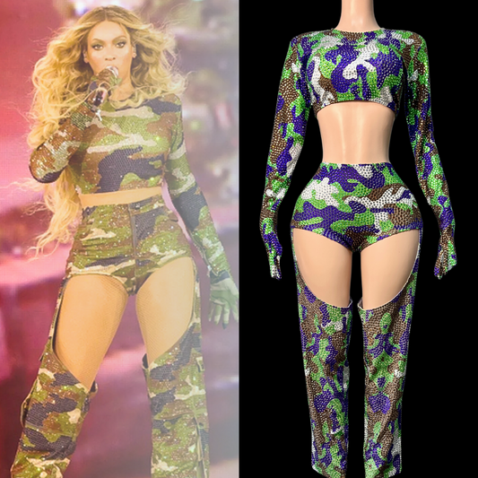 Party Costume Set: Army Babe inspired outfit featuring camouflage pattern, similar to a Beyoncé style, displayed on mannequin.