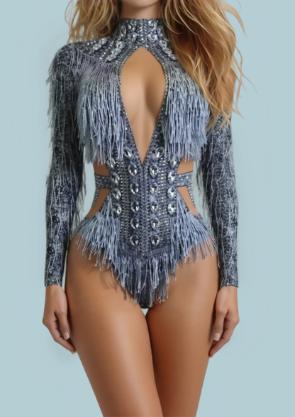 Party Romper: Free Spirit, fringed and embellished design, model wearing.