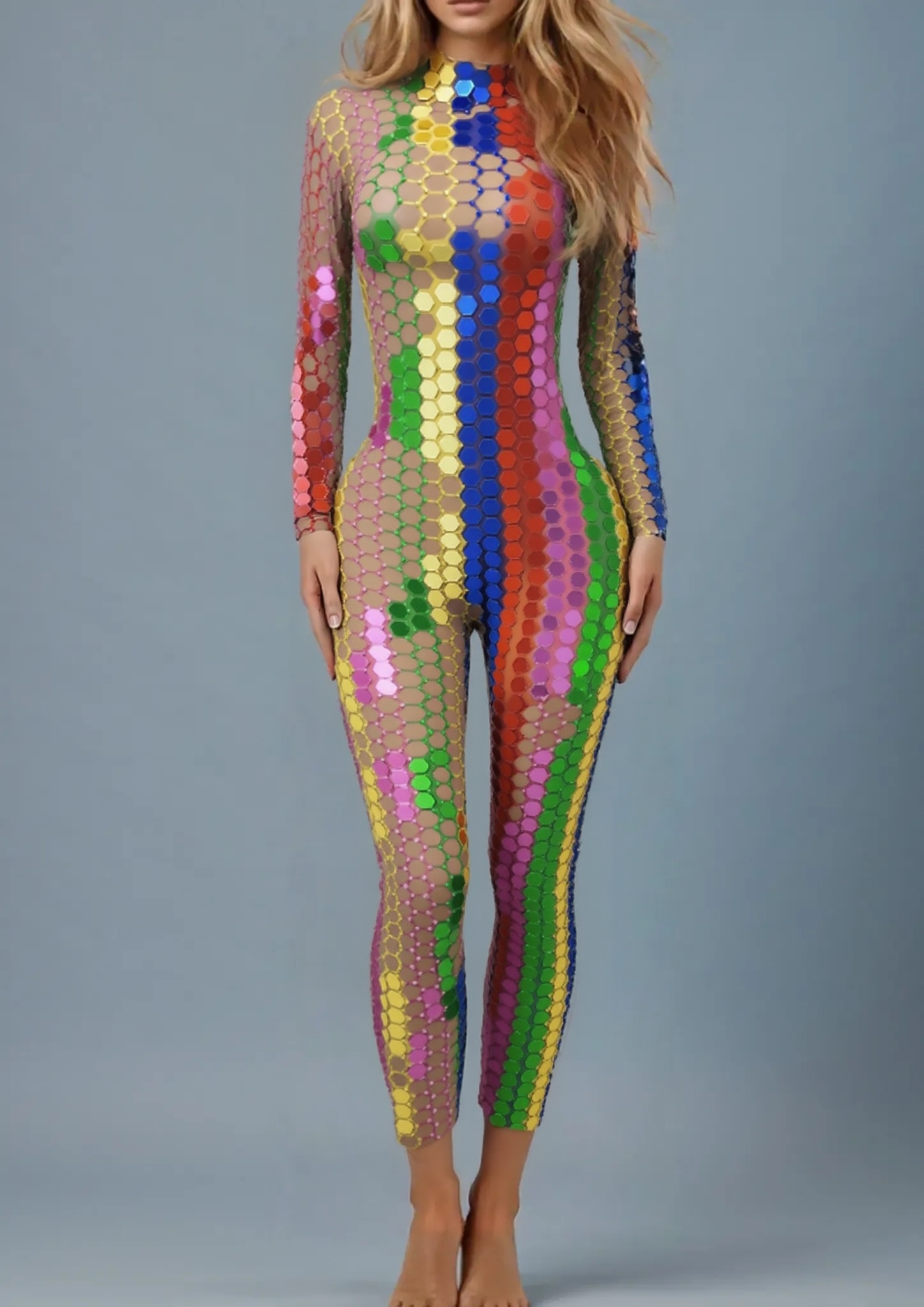 Elegant multicolored party jumpsuit Nirvana, featuring a vibrant hexagonal pattern.