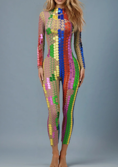 Elegant multicolored party jumpsuit Nirvana, featuring a vibrant hexagonal pattern.